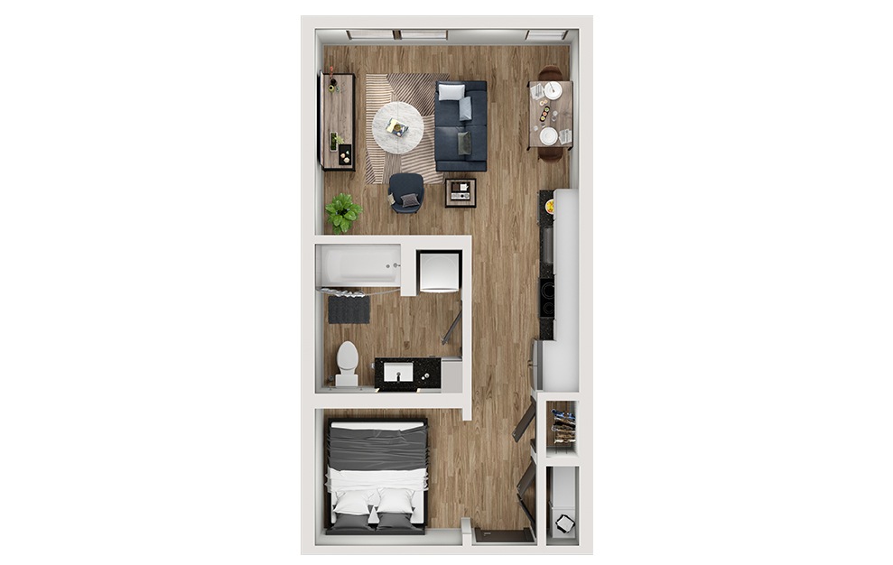 S1 - Studio floorplan layout with 1 bath and 490 square feet. (3D)