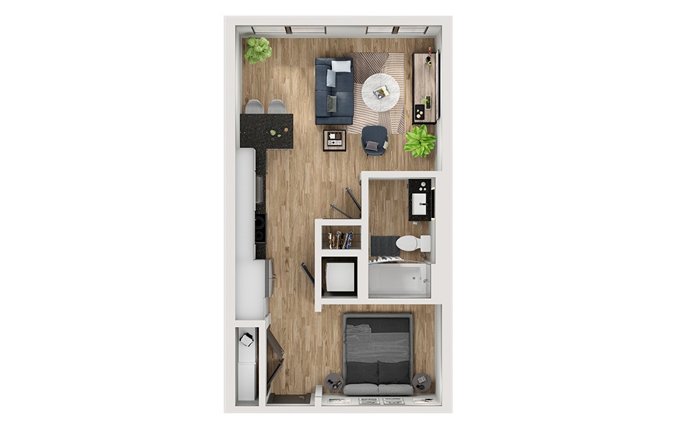 S2 - Studio floorplan layout with 1 bath and 520 square feet. (3D)