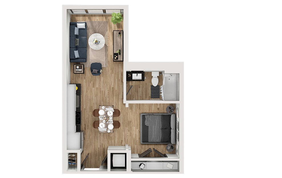 S3 - Studio floorplan layout with 1 bath and 526 square feet. (3D)