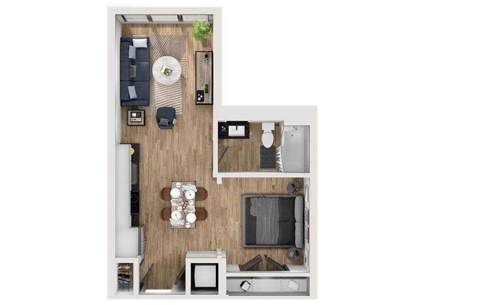 S3 - Studio floorplan layout with 1 bathroom and 526 square feet (3D)