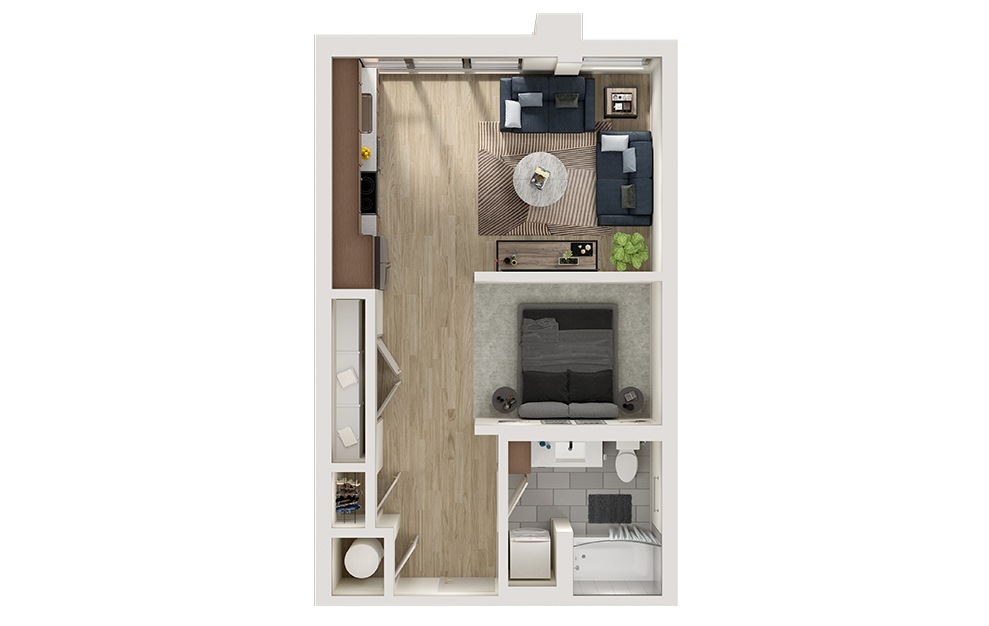 S4 - Studio floorplan layout with 1 bath and 572 square feet. (3D)