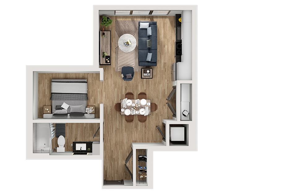 S5 - Studio floorplan layout with 1 bath and 575 square feet. (3D)