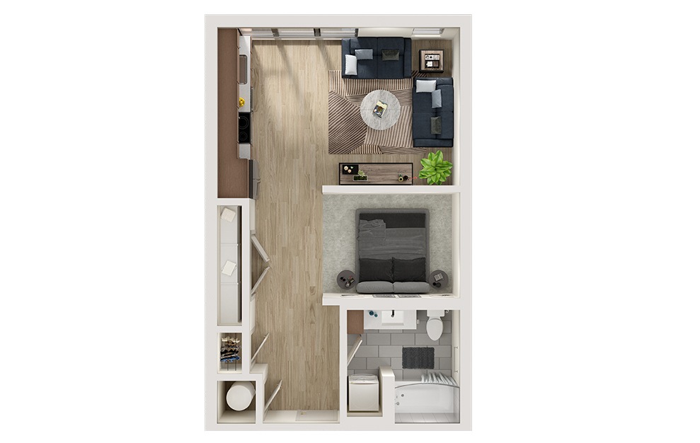 S6 - Studio floorplan layout with 1 bath and 581 square feet. (3D)