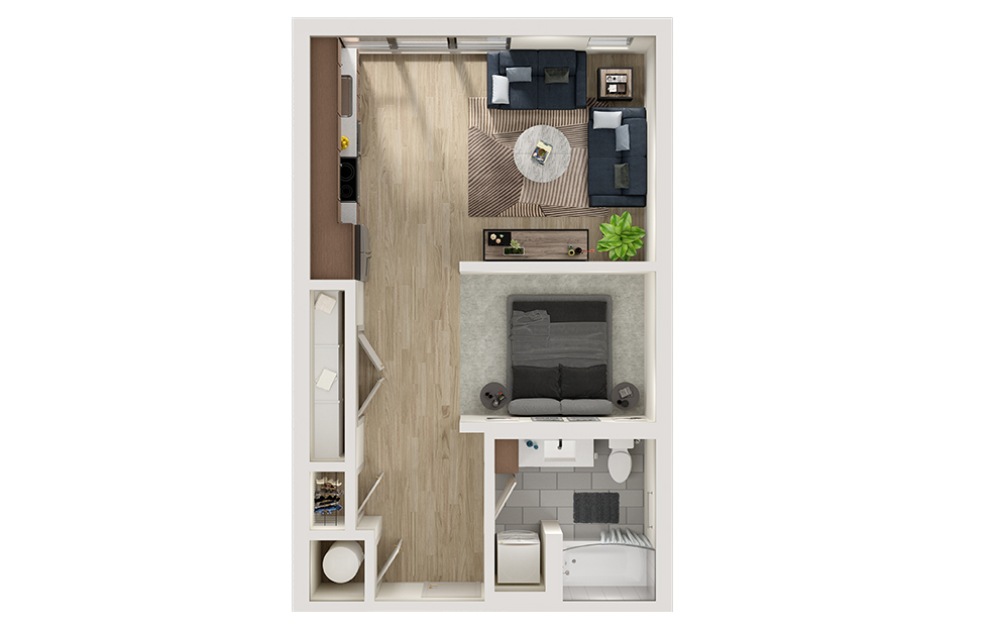 S6 - Studio floorplan layout with 1 bathroom and 581 square feet (3D)