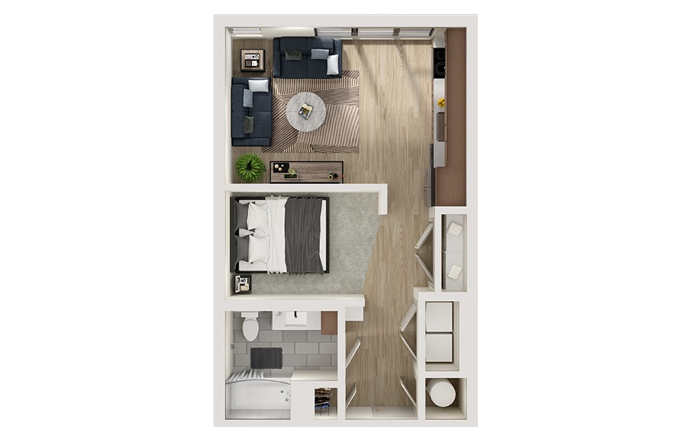 S6a - Studio floorplan layout with 1 bath and 581 square feet. (3D)